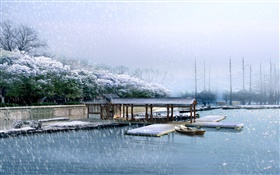 3D render paysage, dock, hiver, neige, arbres, rivière