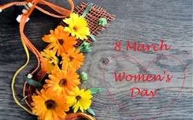 8 mars, Journée de la femme, des fleurs gerbera, coeurs d'amour HD Fonds d'écran