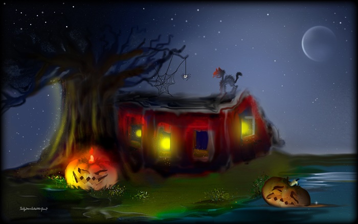 Peinture d'art, Halloween, citrouilles, araignée, chat, arbre, lune Fonds d'écran, image