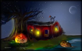 Peinture d'art, Halloween, citrouilles, araignée, chat, arbre, lune HD Fonds d'écran