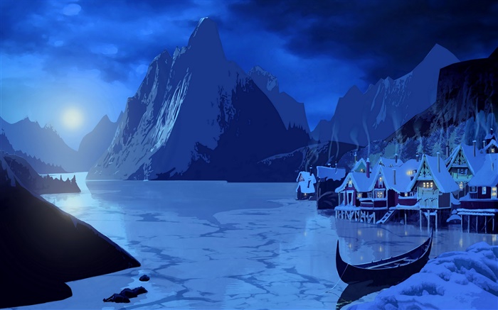 Peinture d'art, neige, nuit, lune, maison, montagne, bateau, rivière Fonds d'écran, image