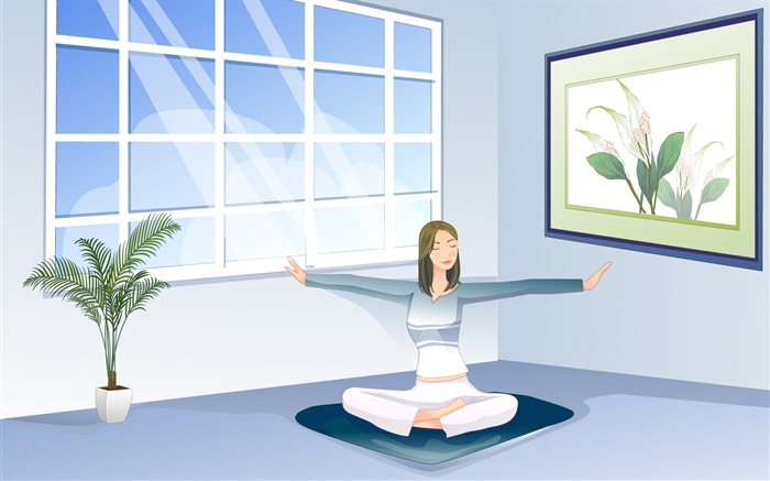 fille asiatique faire du yoga, fenêtre, salle, vecteur images Fonds d'écran, image
