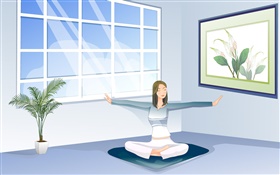 fille asiatique faire du yoga, fenêtre, salle, vecteur images HD Fonds d'écran