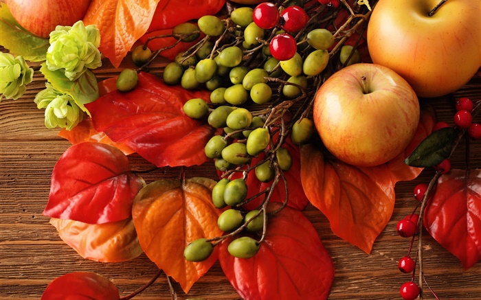 Automne, fruits, feuilles, baies, les pommes Fonds d'écran, image