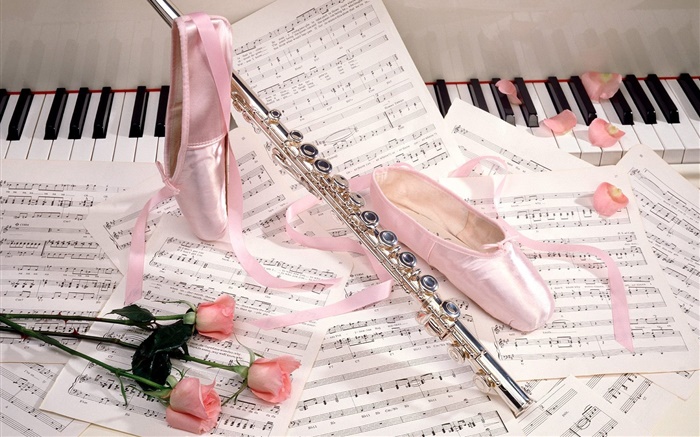 chaussures de ballet, de la flûte, des roses roses, partitions musicales Fonds d'écran, image