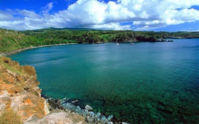 Bay, mer bleue, yacht, côte, nuages, Hawaii, États-Unis HD Fonds d'écran