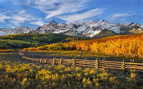 Beau paysage d'automne, montagnes, forêt, clôture HD Fonds d'écran