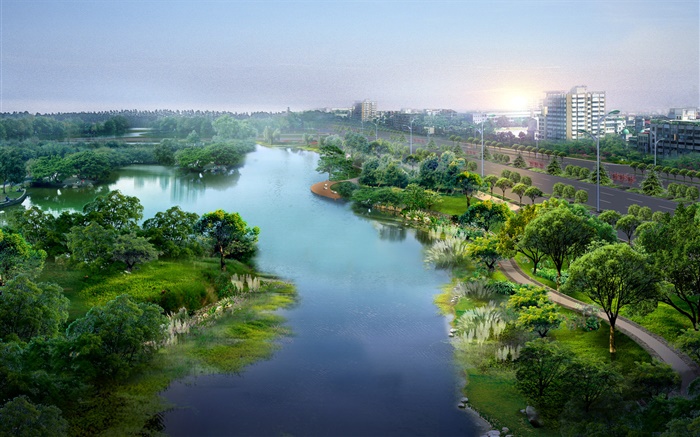 Beau parc de la ville, la conception 3D, la rivière, les arbres, la route, les maisons Fonds d'écran, image