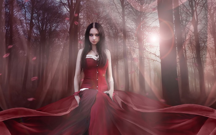 Belle fille fantastique, robe rouge, forêt, soleil Fonds d'écran, image