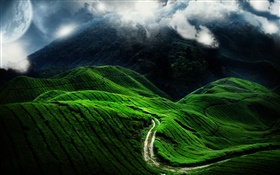 Beau paysage, collines verdoyantes, route, nuages