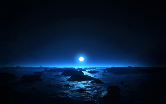 Belle nuit, mer, côte, lune, bleu de style Fonds d'écran, image