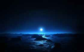 Belle nuit, mer, côte, lune, bleu de style