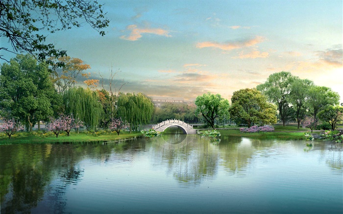 Beau lac du parc, pont, arbres, conception 3D Fonds d'écran, image