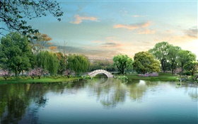 Beau lac du parc, pont, arbres, conception 3D