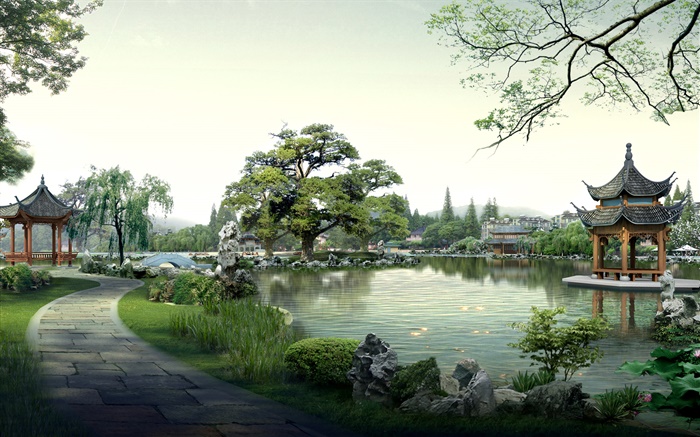 Beau parc, lac, pierres, pavillon, arbres, chemin, 3D rendent la conception Fonds d'écran, image