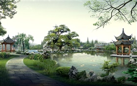 Beau parc, lac, pierres, pavillon, arbres, chemin, 3D rendent la conception