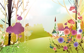 Belle printemps, les fleurs, les arbres, le soleil, maison, conception de vecteur HD Fonds d'écran