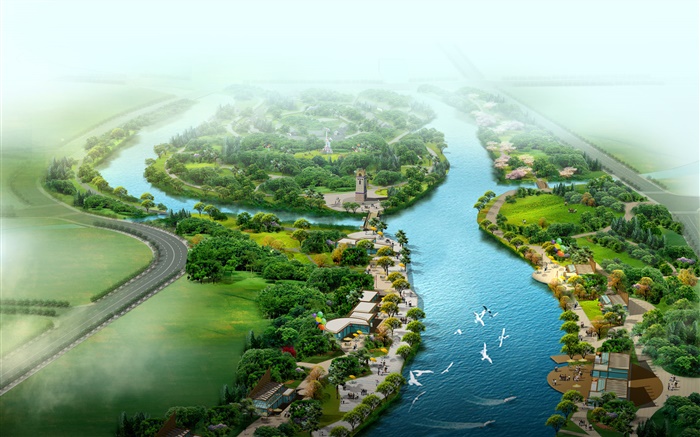 Belle vue de dessus du parc, rivière, herbe, arbres, oiseaux, 3D rendent la conception Fonds d'écran, image
