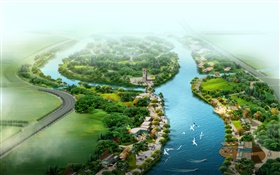 Belle vue de dessus du parc, rivière, herbe, arbres, oiseaux, 3D rendent la conception HD Fonds d'écran