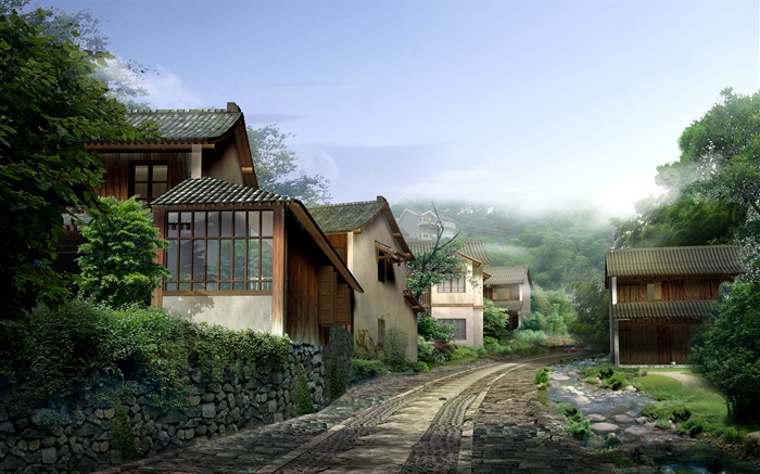 Beau village, les maisons, la route, les pierres, le brouillard, la conception 3D render Fonds d'écran, image