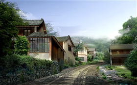 Beau village, les maisons, la route, les pierres, le brouillard, la conception 3D render