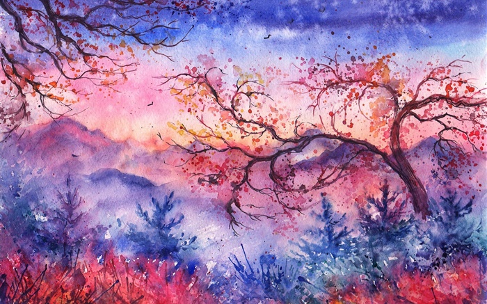 Belle peinture à l'aquarelle, le soir, les arbres, les montagnes, le style rouge Fonds d'écran, image