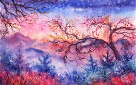 Belle peinture à l'aquarelle, le soir, les arbres, les montagnes, le style rouge