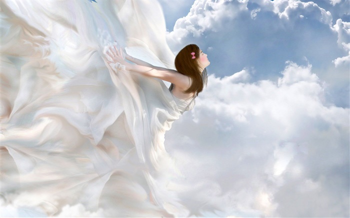 Belle robe blanche ange, fille fantastique, nuages Fonds d'écran, image