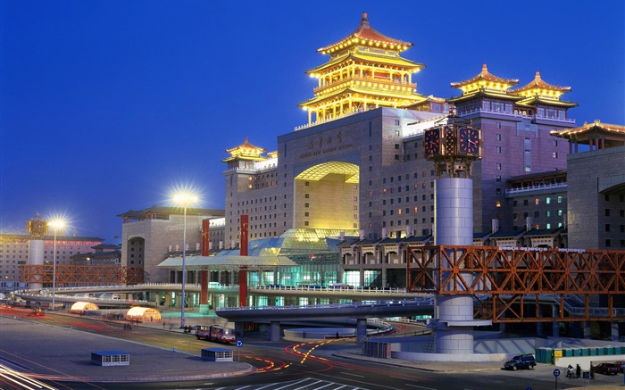 Gare Ouest de Beijing, la nuit, la ville, les lumières, la Chine Fonds d'écran, image
