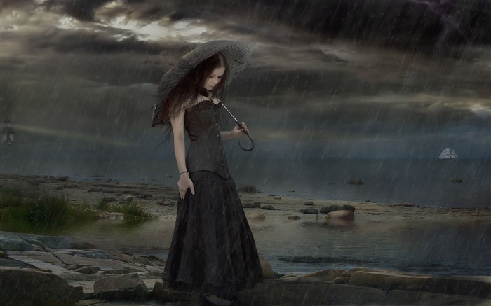 Robe noire fantasy girl la nuit pluvieuse, parapluie Fonds d'écran, image