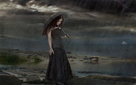 Robe noire fantasy girl la nuit pluvieuse, parapluie