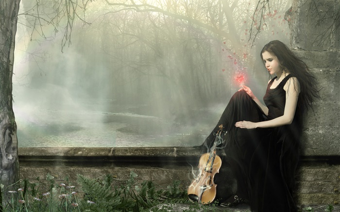 Robe noire fantasy girl magie, violon Fonds d'écran, image