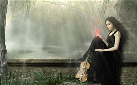 Robe noire fantasy girl magie, violon HD Fonds d'écran