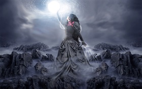 Robe noire fantaisie fille toucher la lune HD Fonds d'écran