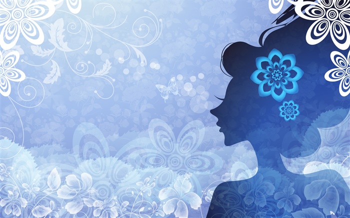 Fond bleu, vecteur fille, fleurs, papillon Fonds d'écran, image