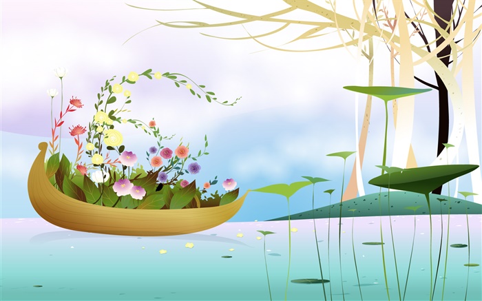 Bateau, fleurs, arbres, rivière, saison de printemps, créatif, conception de vecteur Fonds d'écran, image