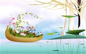 Bateau, fleurs, arbres, rivière, saison de printemps, créatif, conception de vecteur HD Fonds d'écran