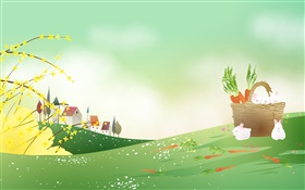 Carottes, lapin blanc, panier, image vectorielle thème du printemps HD Fonds d'écran