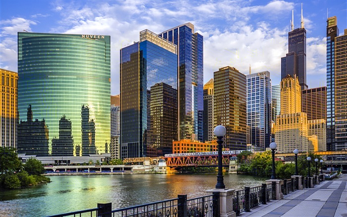 Ville de Chicago, Illinois, États-Unis, gratte-ciel, rivière, pont Fonds d'écran, image