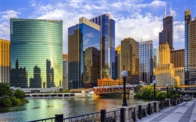 Ville de Chicago, Illinois, États-Unis, gratte-ciel, rivière, pont HD Fonds d'écran
