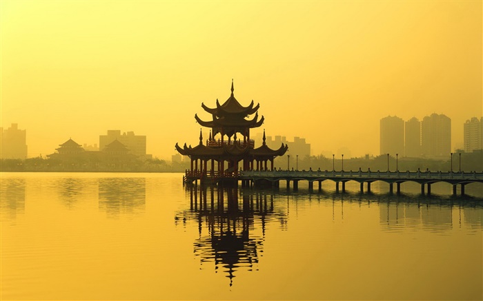 paysage chinois, un pavillon, lac, crépuscule Fonds d'écran, image