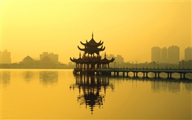 paysage chinois, un pavillon, lac, crépuscule HD Fonds d'écran