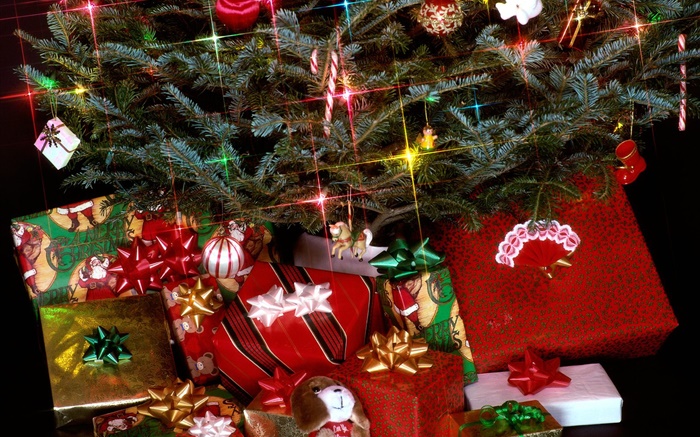 cadeaux de Noël, les lumières, les brindilles de pin Fonds d'écran, image