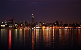 nuit de la ville, beau, bâtiments, lumières, rivière, réflexion HD Fonds d'écran