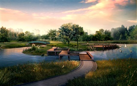 parc de la ville, pont de bois, la rivière, les oiseaux, les arbres, la conception 3D HD Fonds d'écran