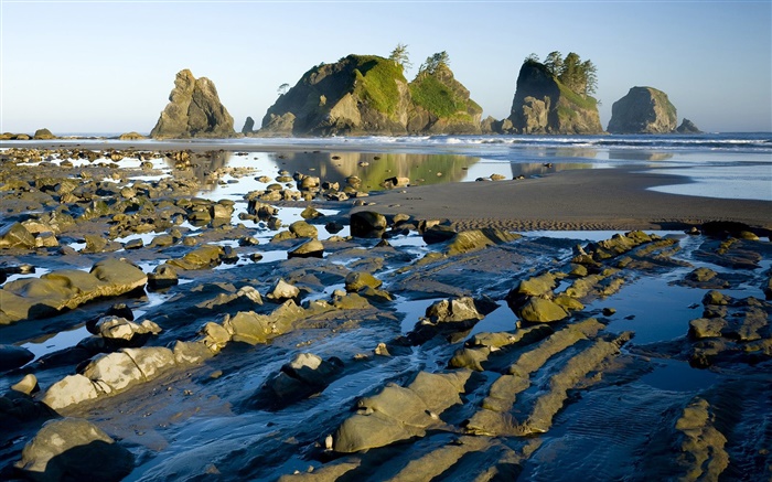 Coast, roches, l'eau, au crépuscule Fonds d'écran, image