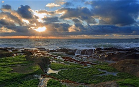 Coast, pierres, coucher de soleil, nuages, océan Pacifique HD Fonds d'écran