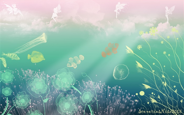 Creative design, art, sous-marin, mer, poissons, fleurs, ange Fonds d'écran, image