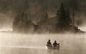 Aube, rivière, bateau, brouillard HD Fonds d'écran