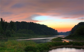 Aube, rivière, arbres, lever de soleil, le brouillard HD Fonds d'écran